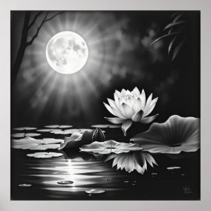 Blossoming Tranquillity: Lotus Charcoal Art Poster