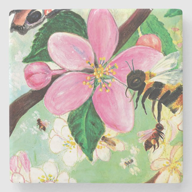 Blossoming Tree with Bees Illustration Stone Coaster (Front)