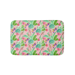 Blossoming Watercolor Succulents Pattern Bath Mat