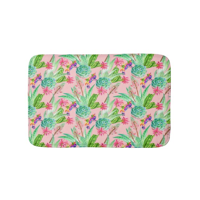 Blossoming Watercolor Succulents Pattern Bath Mat (Front)