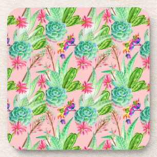 Blossoming Watercolor Succulents Pattern Coaster