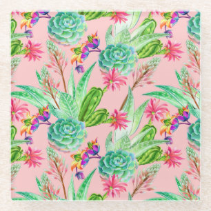 Blossoming Watercolor Succulents Pattern Glass Coaster