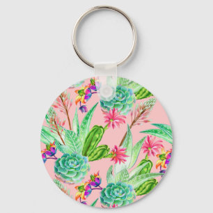 Blossoming Watercolor Succulents Pattern Keychain