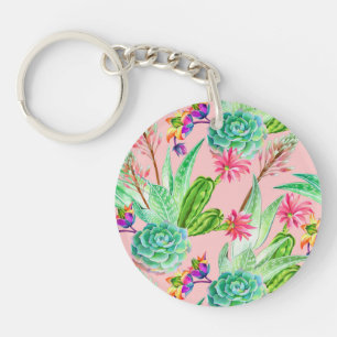 Blossoming Watercolor Succulents Pattern Keychain