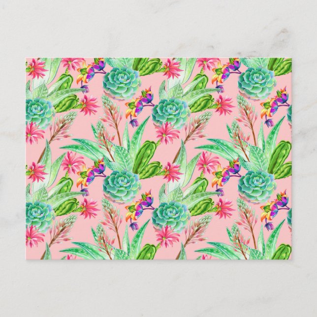 Blossoming Watercolor Succulents Pattern Postcard (Front)