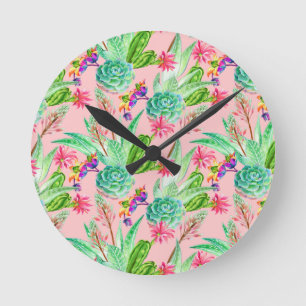 Blossoming Watercolor Succulents Pattern Round Clock