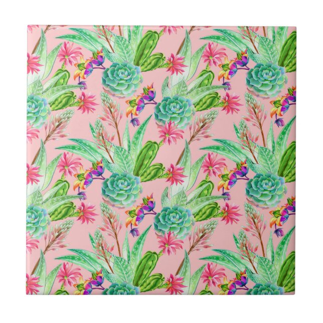 Blossoming Watercolor Succulents Pattern Tile (Front)