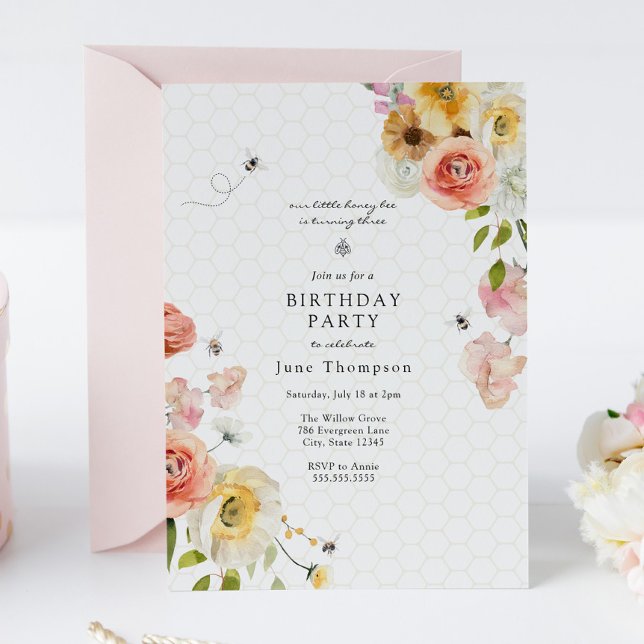 Blossoms and Honey Bee Birthday Girl Invitation (Créateur téléchargé)