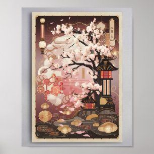 Blossoms at Dusk: A Tranquil Japanese Evening Poster