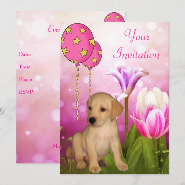 Blossoms Balloons & Labrador Puppy Event Invitation (Front/Back)