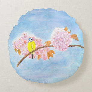 Blossoms & Garden Bird Round Pillow