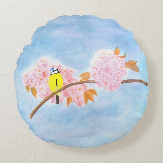 Blossoms & Garden Bird Round Pillow (Front)