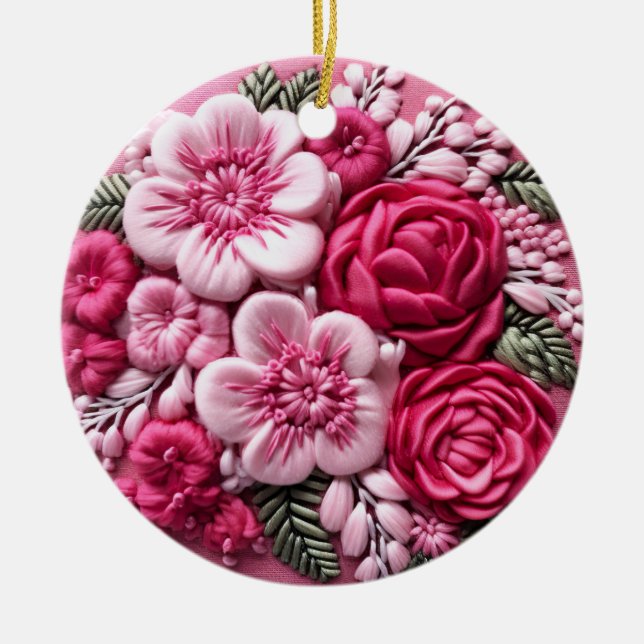 Blossoms in Bloom: Pink Embroidery Art Ceramic Ornament (Front)