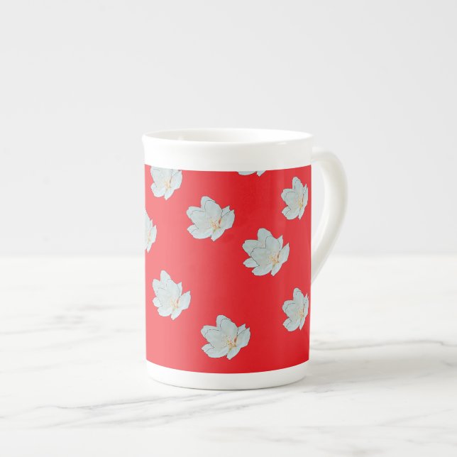 Blossoms On Red  Bone China Mug (Front Right)