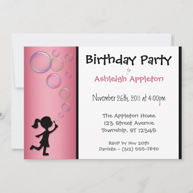 Blowing Bubbles Pink Birthday Invitations (Front)
