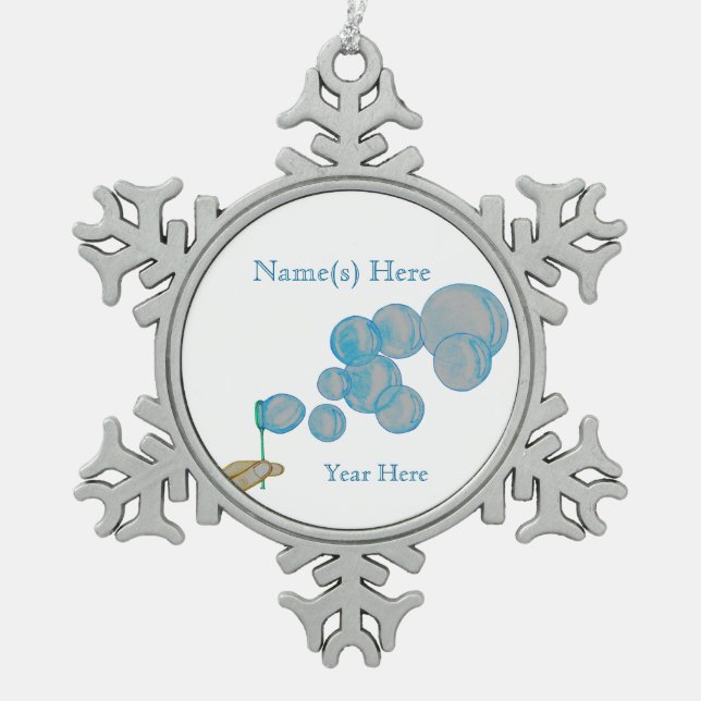 Blowing Bubbles Snowflake Pewter Christmas Ornament (Front)
