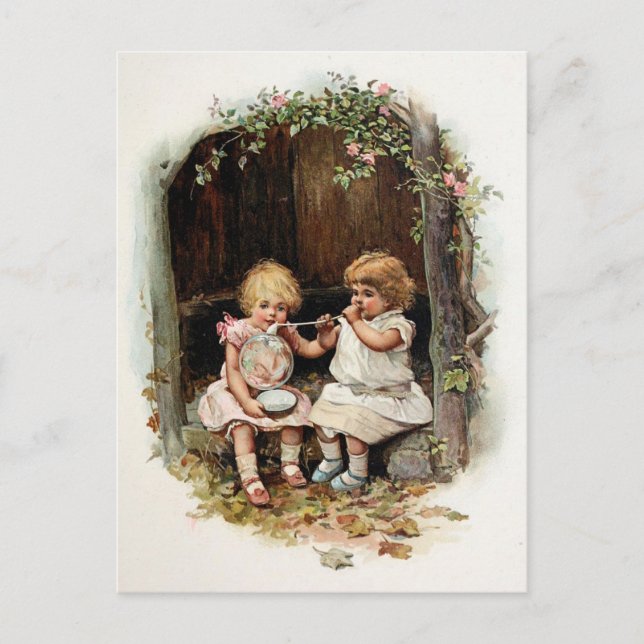 Blowing Bubbles Vintage Girls Postcard (Front)