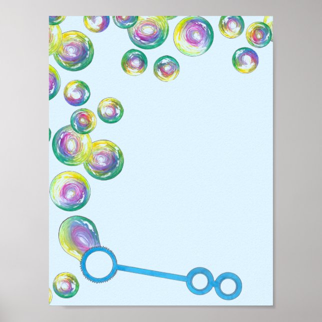 Blowing Rainbow Soap Bubbles Bubble Wand Blue Poster (Front)