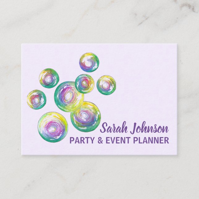 Blowing Rainbow Soap Bubbles Party Event Planner Business Card (Front)