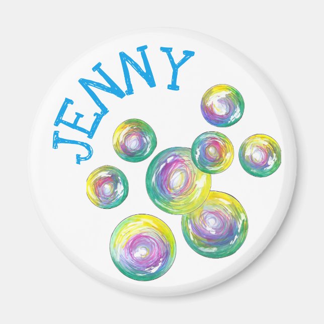 Blowing Rainbow Soap Bubbles Personalized Purple Magnet (Front)
