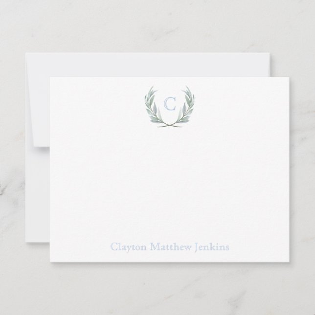 Blu Gingham Laurel Crest stationery Thank You Card (Front)