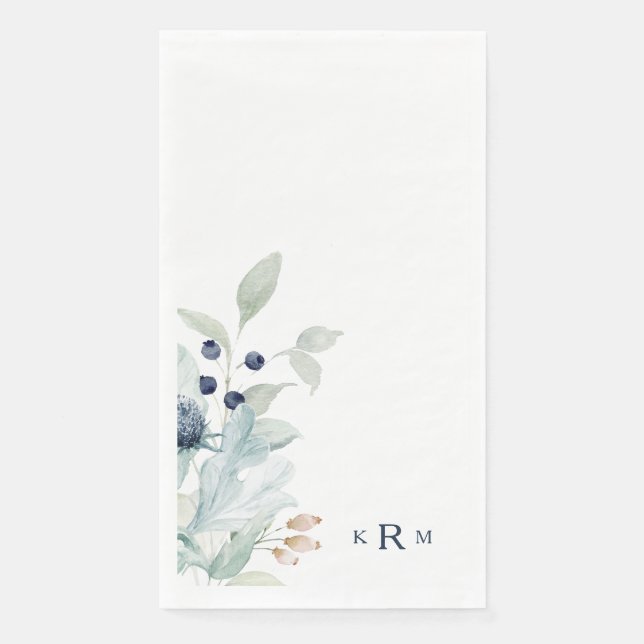 Blu Watercolor Foliage Monogram Paper Guest Towels Napkin (Front)