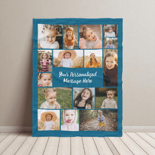 Blue 16 Photo Collage Modern Personalized Custom  Fleece Blanket