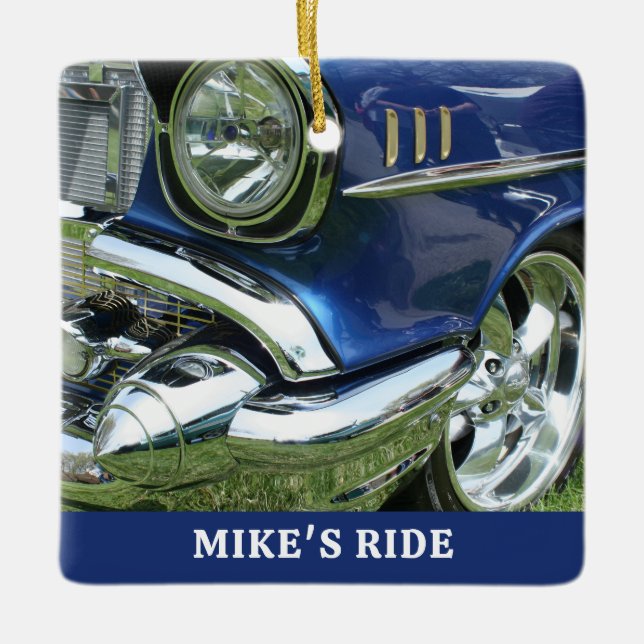 Blue 1957 Chevy, Name or Message, Your Photo Ceramic Ornament (Front)
