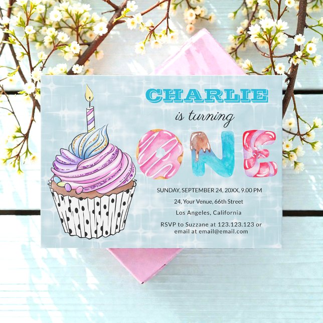 Blue 1st birthday Cute Cup Cake Invitation (Creator Uploaded)