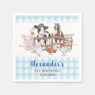Blue 1st Birthday Farm Animals Barnyard Kids Napkin