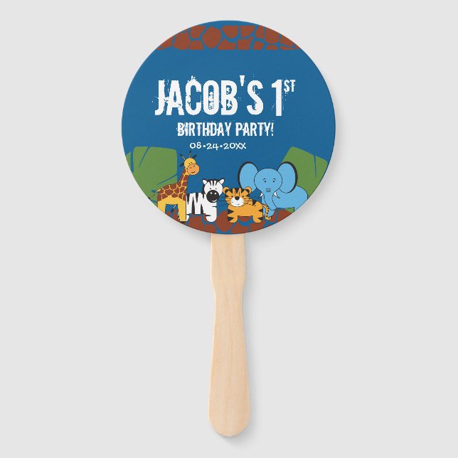 Blue 1st Birthday Jungle Safari theme Hand Fan (Front)