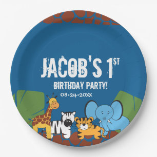Blue 1st Birthday Jungle Safari theme Paper Plate