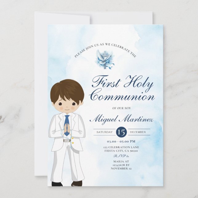 Blue 1st Holy Communion Boy Praying Silver Cross Invitation (Front)