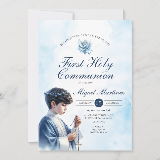 Blue 1st Holy Communion Boy Praying Silver Cross Invitation (Front)