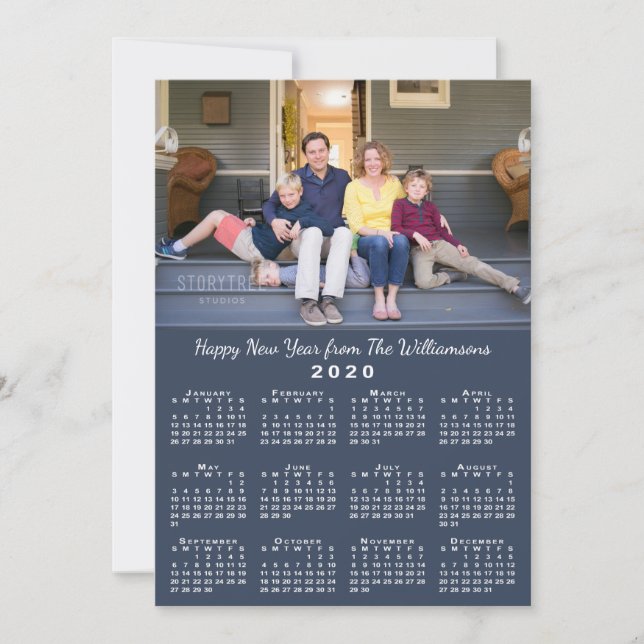 Blue 2020 Calendar 2 Custom Photos Happy New Year Holiday Card (Front)