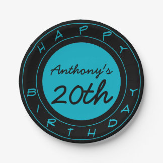 Blue 20th Birthday Party Personalized Paper Plates