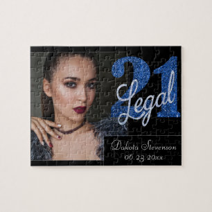 Blue 21 and Legal   Glitter 21st Birthday Photo Jigsaw Puzzle