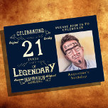 Blue 21st Birthday Vintage Gold<br><div class="desc">Celebrate this special milestone with a truly luxurious and unique blue 21st Birthday Vintage Gold Foil Invitation. Our exclusive design features vintage retro script with a gold foil to make this invitation shine. Create a personalized look by adding a favourite photo and customized text to make it truly one of...</div>