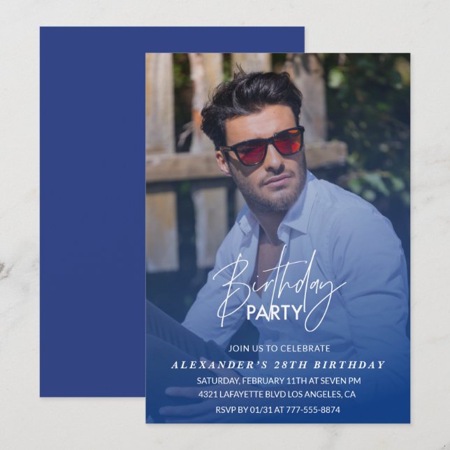Blue 28th birthday invitation Birthday party Photo (Front/Back)