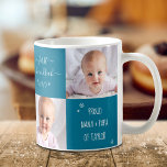 Blue 2 Photo Baby First Hanukkah Grandparents Name Coffee Mug<br><div class="desc">“First Hanukkah.” A playful grid of 2 personalized photos of your choice and white handwritten script typography and snowflakes overlaying a teal blue background, helps the proud grandparents usher in Hanukkah and New Year. Feel the warmth and joy of the holiday season whenever they use this stylish and modern personalized...</div>