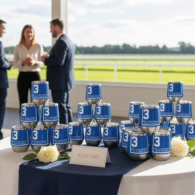 Blue 3 Personalized Derby Horse Race (Custom saddle cloth wine tumbler swag for your event. Add a date, company name and theme.)