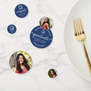 Blue 3 Photo Graduation Modern Script Hearts Cap Confetti