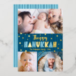 Blue 3 Photo Happy Hanukkah Fun Modern Real Gold Foil Holiday Card<br><div class="desc">“Happy Hanukkah.” Fun, playful, whimsical handcrafted real gold foil and light blue typography, a random gold foil Star of David pattern, and midnight navy blue hand drawn lines overlay a dark teal blue background. Add 3 photos of your choice to help usher in Hanukkah with this stunning, colourful, personalized real...</div>
