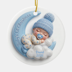 Blue 3D Moon Sleeping Baby Boy 1st Christmas Ceramic Ornament