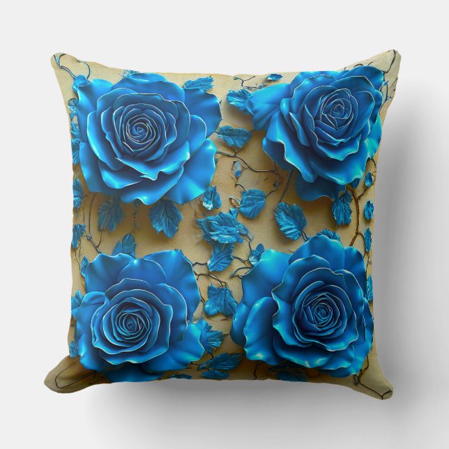 Blue 3d roses throw pillow (Front)