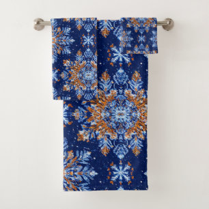 Blue 3d snowflakes bath towel set