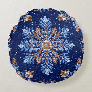 Blue 3d snowflakes round pillow