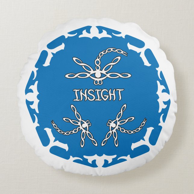 Blue, 3rd Eye Chakra "Insight" Dragonfly White BG Round Pillow (Front)