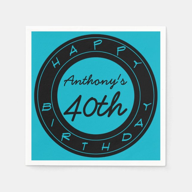 Blue 40th Birthday Party Personalized Paper Napkin (Front)