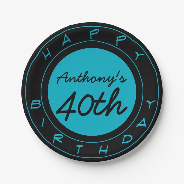 Blue 40th Birthday Party Personalized Paper Plates (Front)